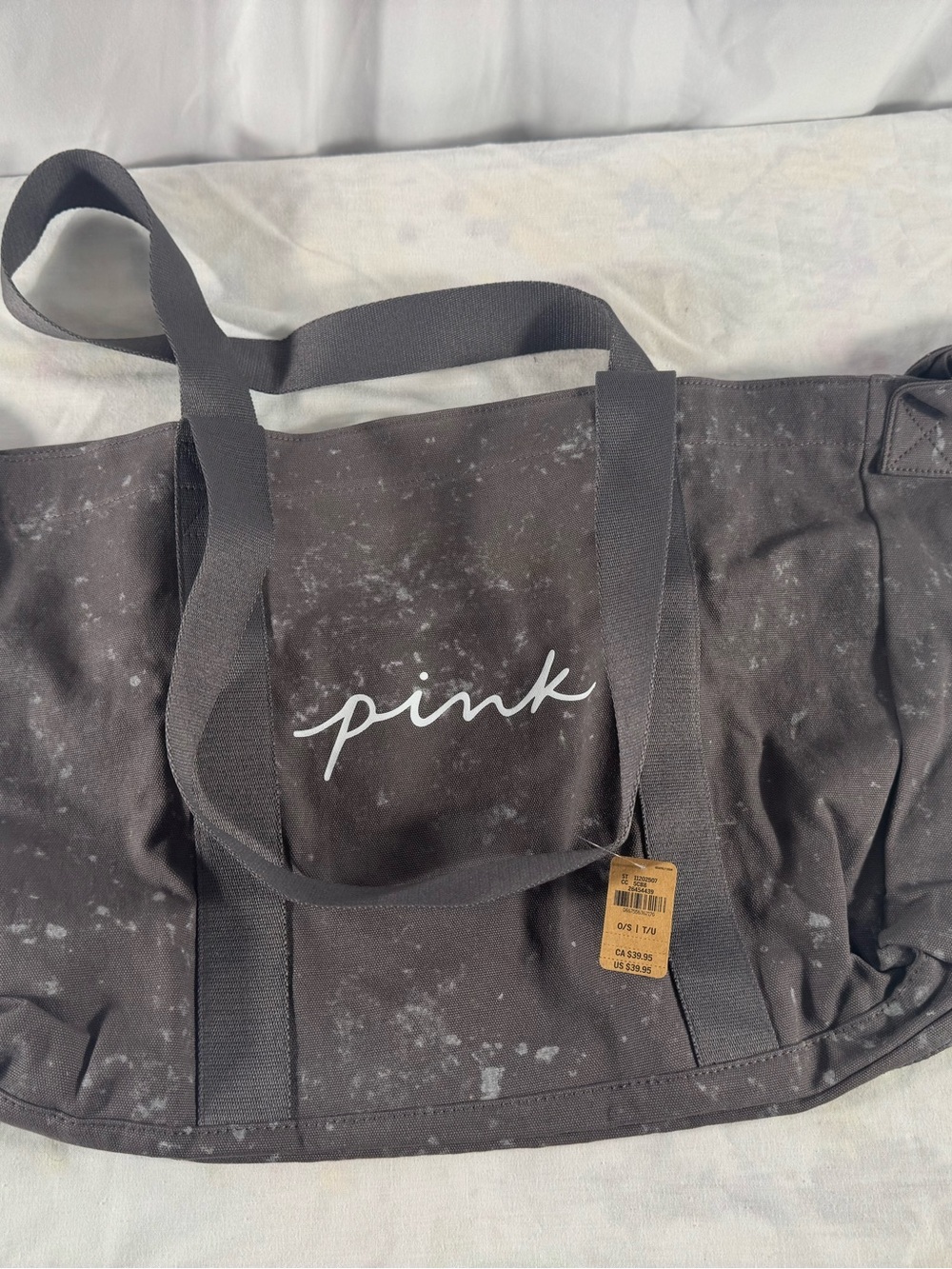 PINK Victoria's Secret Charcoal Canvas Tote with Script Logo Splatter NWT